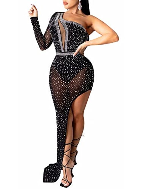 Aro Lora Womens Sexy Glitter Rhinestones See Through Sheer Mesh Club Bodycon Maxi Dress