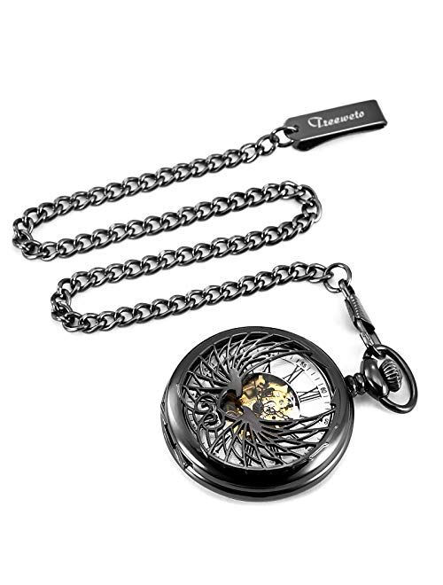 TREEWETO Skeleton Eagle Wings Design Black Case Roman Numeral Markers Mechanical Pocket Watch