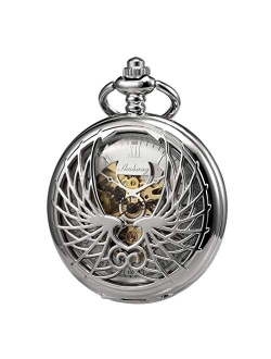 Men's Women's Pocket Watch Mechanical Skeleton Eagle Wings Double Hollow Case Roman Numeral with Chain Gift Box