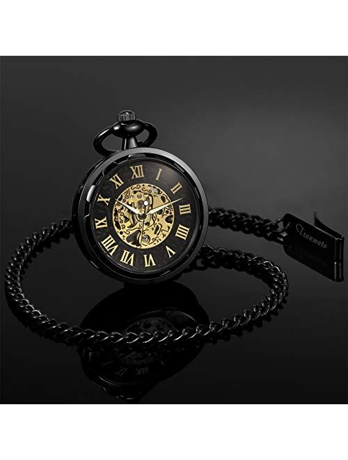 TREEWETO Pocket Watch Skeleton Open Face Men Antique Bronze Mechanical Hand-Wind with Chain Gift Box