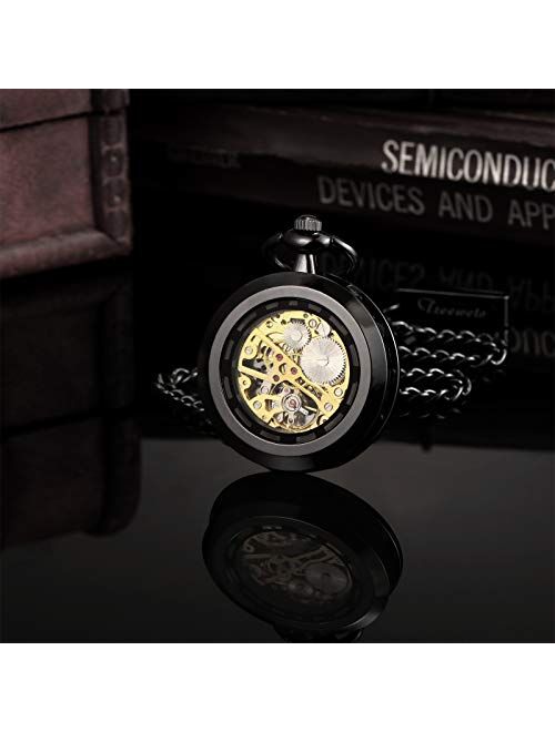 TREEWETO Pocket Watch Skeleton Open Face Men Antique Bronze Mechanical Hand-Wind with Chain Gift Box