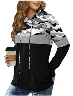 Hoodies for Women Camo Leopard Print Tops Pullover Hooded Sweatshirt Drawstring with Pocket