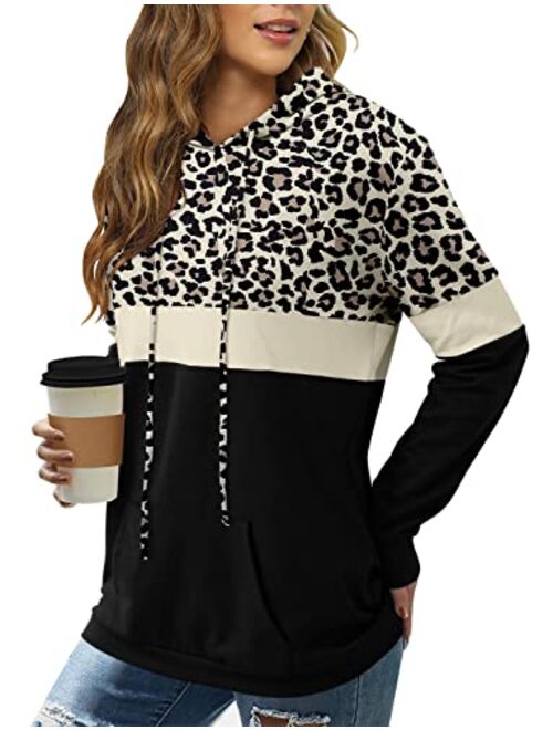 Angerella Hoodies for Women Camo Leopard Print Tops Pullover Hooded Sweatshirt Drawstring with Pocket