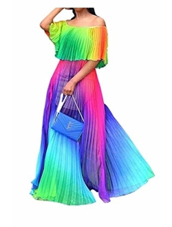 Womens Sexy Off Shoulder Ruffle Color Block Irregular Hem Boho Chiffon Maxi Dress