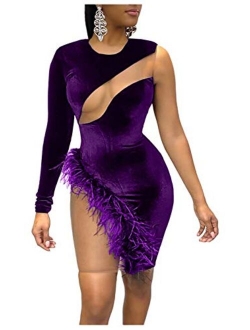 Women's Sexy One Sleeve Velvet Sheer Mesh Irregular Fluffy Trim Club Bodycon Mini Dress