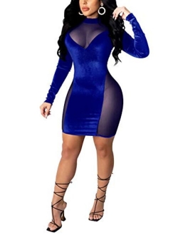 Women's Sexy One Sleeve Velvet Sheer Mesh Irregular Fluffy Trim Club Bodycon Mini Dress