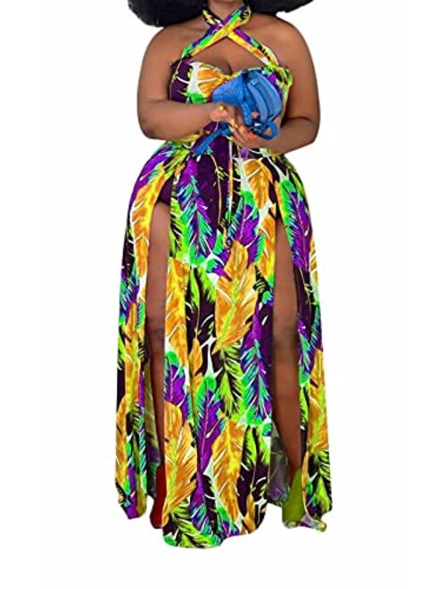 Aro Lora Womens Plus Size Halter Neck Sleeveless Cut Out Floral Print Side Slit Maxi Dress