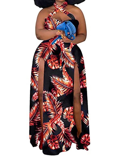 Aro Lora Womens Plus Size Halter Neck Sleeveless Cut Out Floral Print Side Slit Maxi Dress