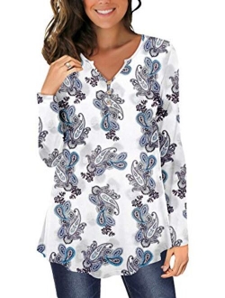 Womens Tunic Tops Long Sleeve Flared Floral V Neck Button Henley Shirts