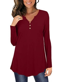 Womens Tunic Tops Long Sleeve Flared Floral V Neck Button Henley Shirts