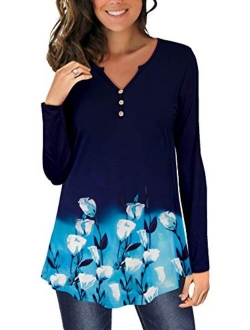 Womens Tunic Tops Long Sleeve Flared Floral V Neck Button Henley Shirts