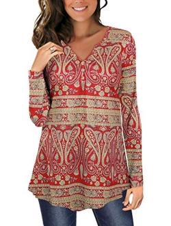 Womens Tunic Tops Long Sleeve Flared Floral V Neck Button Henley Shirts