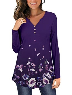 Womens Tunic Tops Long Sleeve Flared Floral V Neck Button Henley Shirts