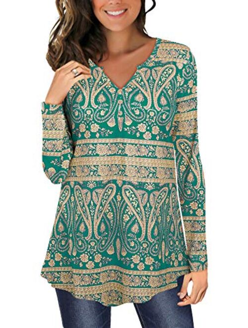 Angerella Womens Tunic Tops Long Sleeve Flared Floral V Neck Button Henley Shirts