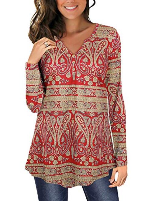 Angerella Womens Tunic Tops Long Sleeve Flared Floral V Neck Button Henley Shirts