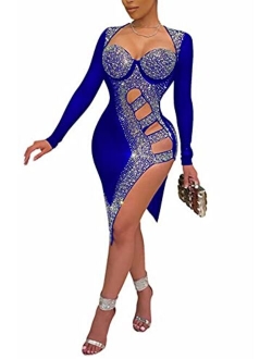 Womens Sexy Glitter Rhinestones Sheer Mesh Asymmetrical Bodycon Midi Club Dress