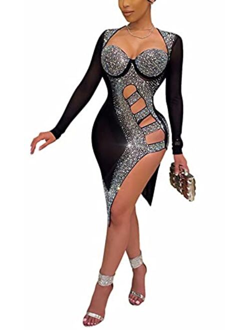 Aro Lora Womens Sexy Glitter Rhinestones Sheer Mesh Asymmetrical Bodycon Midi Club Dress