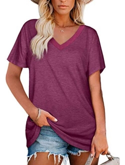 Women's T Shirts V Neck Short Sleeve Tops Summer Casual Loose Fit Tunic Top