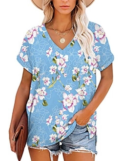 Women's T Shirts V Neck Short Sleeve Tops Summer Casual Loose Fit Tunic Top