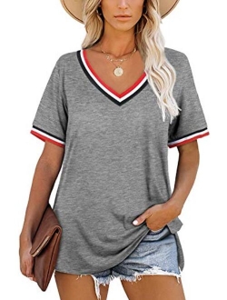 Women's T Shirts V Neck Short Sleeve Tops Summer Casual Loose Fit Tunic Top