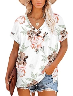 Women's T Shirts V Neck Short Sleeve Tops Summer Casual Loose Fit Tunic Top