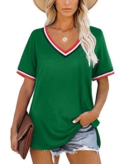 Women's T Shirts V Neck Short Sleeve Tops Summer Casual Loose Fit Tunic Top