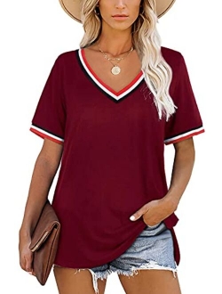 Women's T Shirts V Neck Short Sleeve Tops Summer Casual Loose Fit Tunic Top