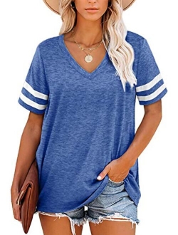 Women's T Shirts V Neck Short Sleeve Tops Summer Casual Loose Fit Tunic Top