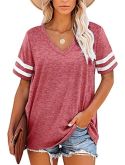 Women's T Shirts V Neck Short Sleeve Tops Summer Casual Loose Fit Tunic Top