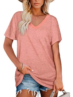 Women's T Shirts V Neck Short Sleeve Tops Summer Casual Loose Fit Tunic Top