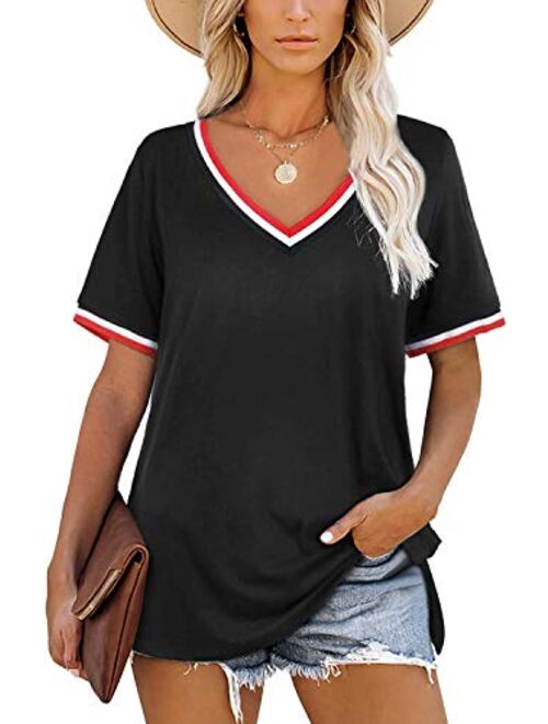 Angerella Women's T Shirts V Neck Short Sleeve Tops Summer Casual Loose Fit Tunic Top