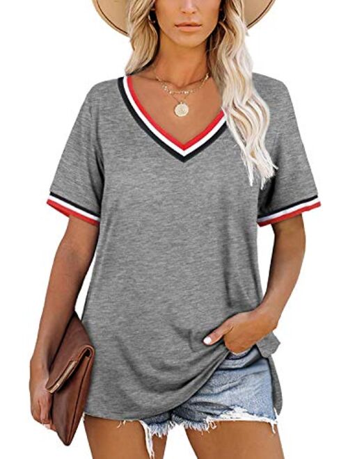 Angerella Women's T Shirts V Neck Short Sleeve Tops Summer Casual Loose Fit Tunic Top