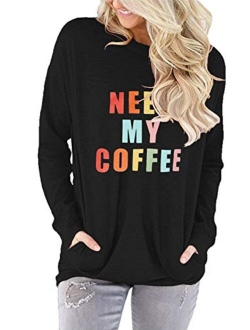 Casual Loose Fit Pocket Shirts for Women Comfy Cute Printed Tunic Tops Baggy Blouse