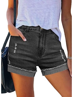 Denim Shorts for Women Mid Rise Ripped Jean Shorts Stretchy Folded Hem Hot Short Jeans