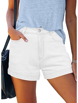 Denim Shorts for Women Mid Rise Ripped Jean Shorts Stretchy Folded Hem Hot Short Jeans