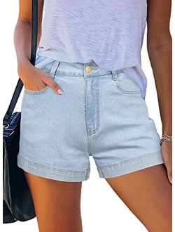 Denim Shorts for Women Mid Rise Ripped Jean Shorts Stretchy Folded Hem Hot Short Jeans