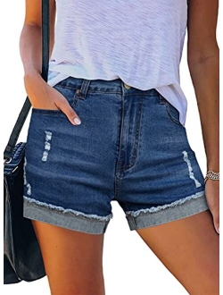 Denim Shorts for Women Mid Rise Ripped Jean Shorts Stretchy Folded Hem Hot Short Jeans