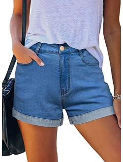 Denim Shorts for Women Mid Rise Ripped Jean Shorts Stretchy Folded Hem Hot Short Jeans