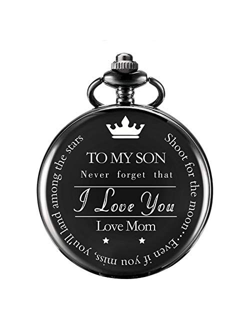 TREEWETO Pocket Watch to My Son | Mother and Son - Graduation Gifts for Him 2020 - Engraved “to My Son Love Mom” Pocket Watches - for Son from Mom for Christmas, Valentin