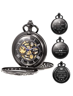 Mechanical Personalized Engraved Lucky Dragon Pocket Watch Skeleton Double Cover Roman Numerals Dial Personalized for Men Dad Son