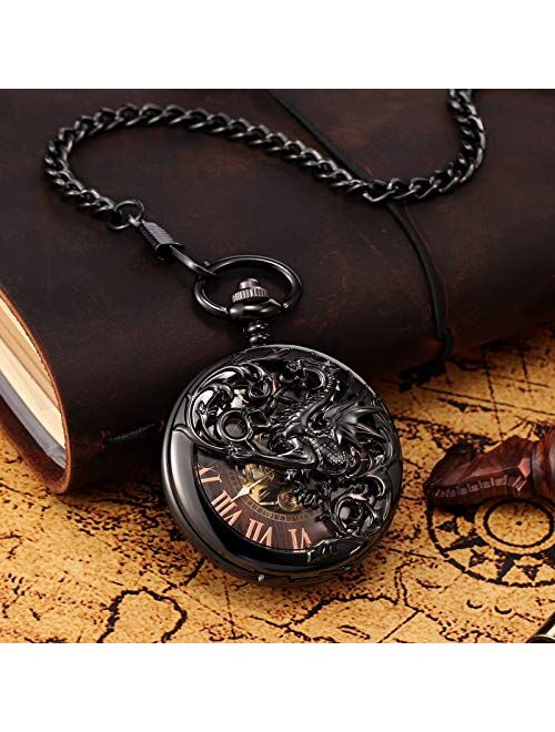 TREEWETO Mechanical Personalized Engraved Lucky Dragon Pocket Watch Skeleton Double Cover Roman Numerals Dial Personalized for Men Dad Son