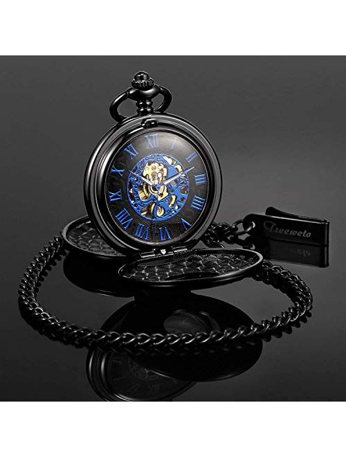 TREEWETO Mechanical Engraved Pocket Watches Skeleton Double Cover Roman Numerals Dial Personalized with Box and Chain for Mens Women for Dad Mom Son Graduation Brother