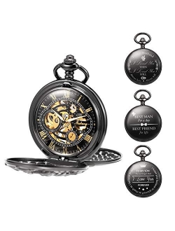 Mechanical Personalized Engraved Lucky Dragon Pocket Watch Skeleton Double Cover Roman Numerals Dial Personalized Gift for Men Dad Son