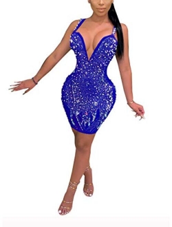 Women's Sexy Studded Hollow Out High Neck Bodycon Mini Club Dress