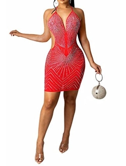 Women's Sexy Studded Hollow Out High Neck Bodycon Mini Club Dress