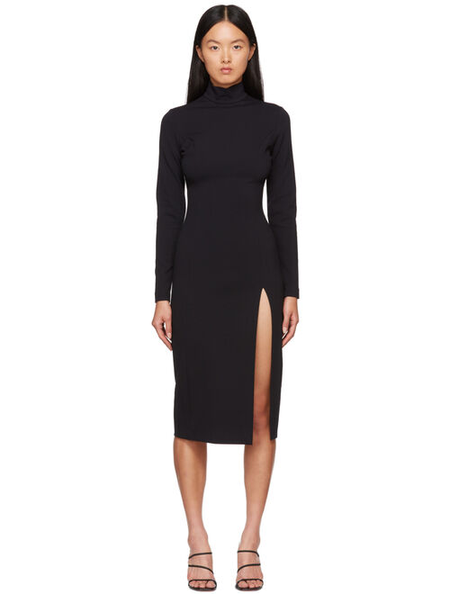 WOLFORD Black Amina Muaddi Edition Midi Turtleneck Slit Dress