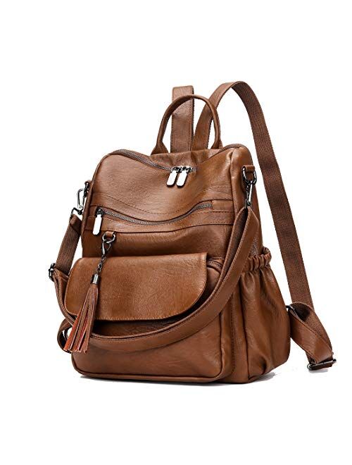 Artwell Women Leather Backpack Purse PU Leather Rucksack Convertible Handbag College Bookbag Shoulder Tote Bag with Tassel (Brown), 14.9"x 5.9"x 11.8"