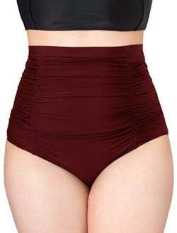 Women Ruched High Waisted Bikini Bottom Swimsuit, Tummy Control Full Coverage Swimwear, Small to Plus Size