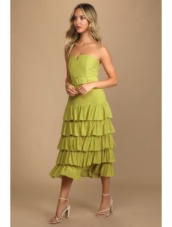 Catch a Cruise Lime Green Strapless Belted Tiered Midi Dress