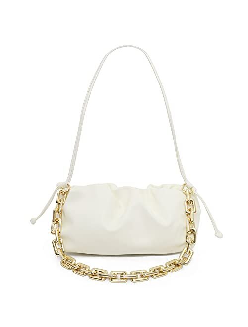 Cloud Dumpling Shaped Pouch Bag for Women Chain-Link Shoulder Strap Clutch Purse Ruched Handbag…